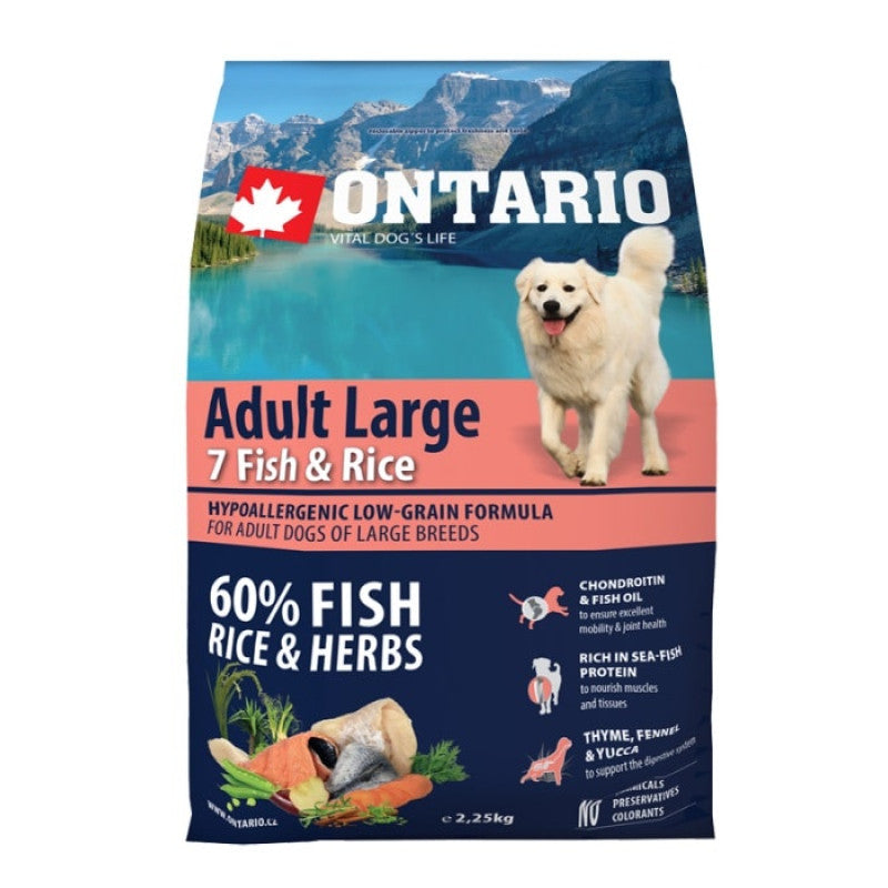 Ontario Dog Adult Large Sausā Barība Suņiem ar Zivi un Rīsiem, 2,25 kg
