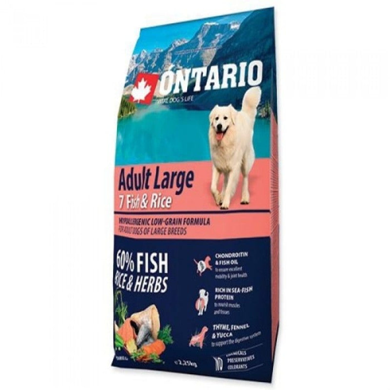 Ontario Dog Adult Large Sausā Barība Suņiem ar Zivi un Rīsiem, 12 kg
