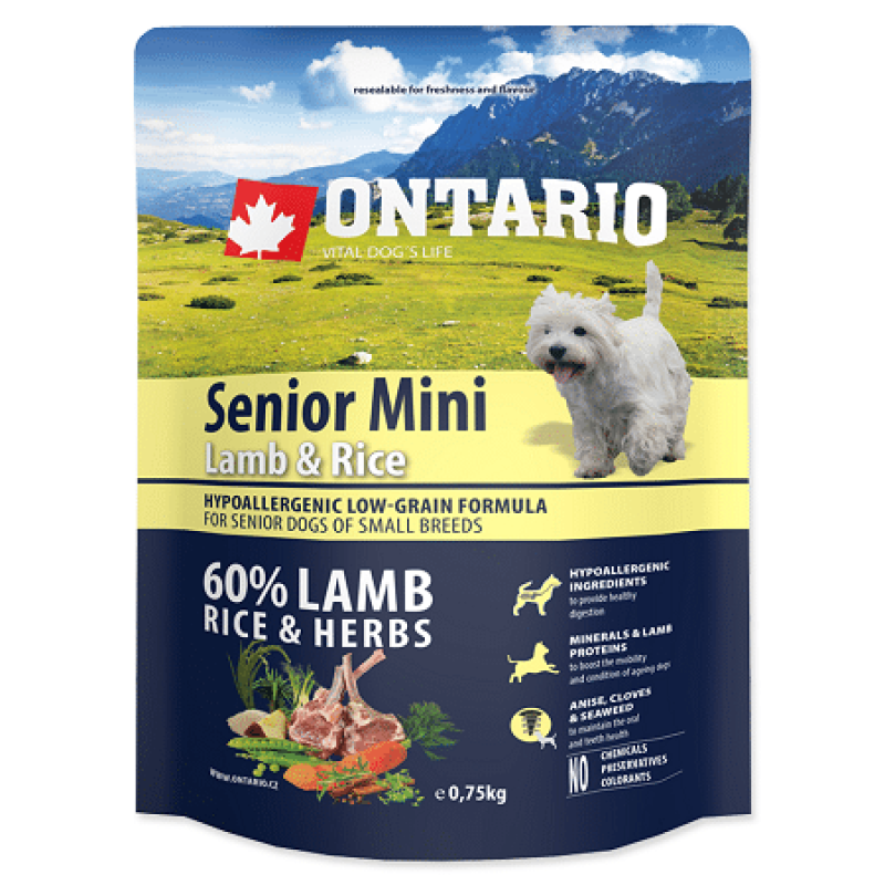 Ontario Dog Senior Mini Sausā Barība Suņiem ar Jēru un Rīsiem, 0,75 kg