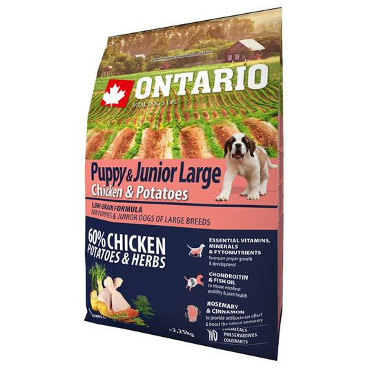 Sausā barība kucēniem - Ontario Puppy and Junior Large, ar vistas gaļu un kartupeļiem, 2.25kg