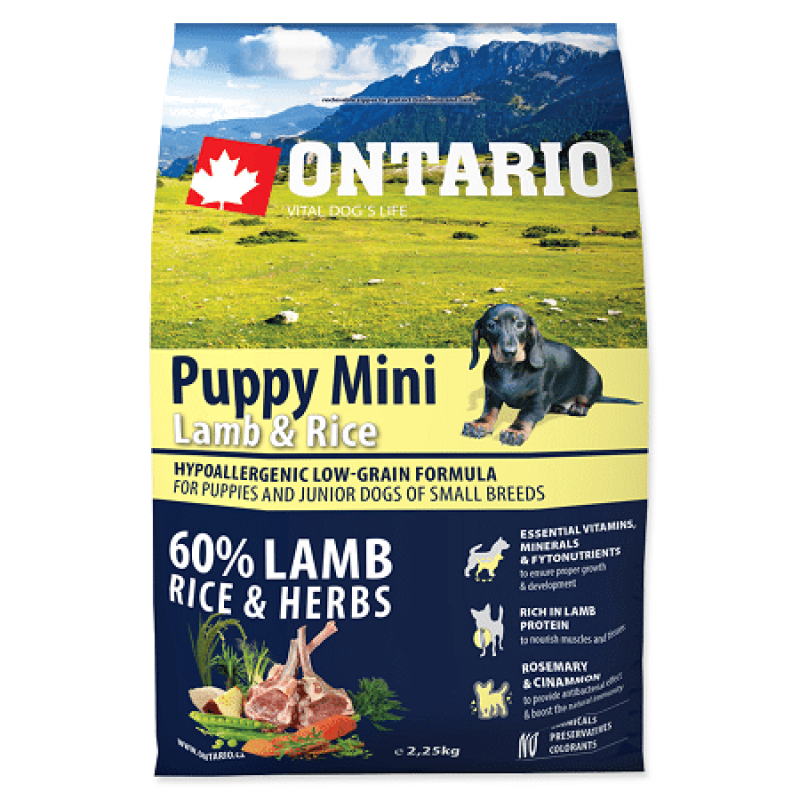 Ontario Dog Puppy Mini Dry Dog Food for puppies with Lamb and Rice, 2.25kg