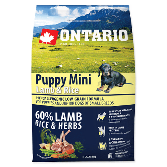 Sausā barība kucēniem - Ontario Dog Puppy Mini ar jēru un rīsiem, 2.25kg