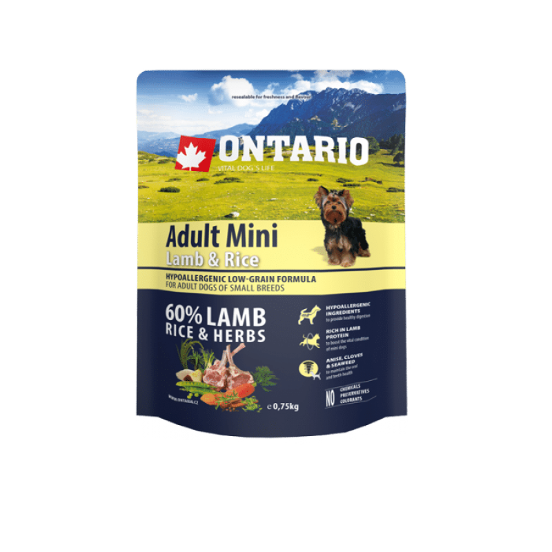 Ontario Dog Adult Mini Dry Dog Food with Lamb and Rice, 0.75kg