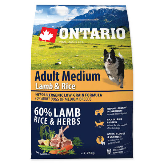 Ontario Dog Adult Medium Dry Dog Food with Lamb and Rice, 2,25 kg