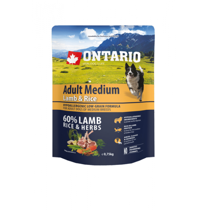Ontario Dog Adult Medium Dry Dog Food with Lamb and Rice, 0,75kg