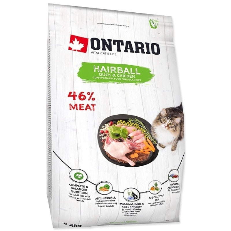 Ontario Trockenfutter für Katzen, Haarballen mit Ente und Huhn, 2 kg