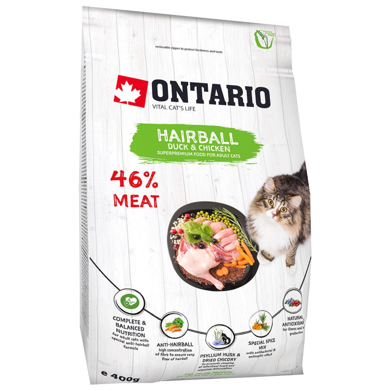 Ontario Dry Cat Food Hairball with Duck and Chicken, 400 g