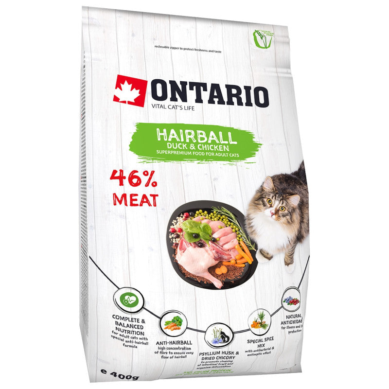 Ontario Trockenfutter für Katzen, Haarballen mit Ente und Huhn, 400 g