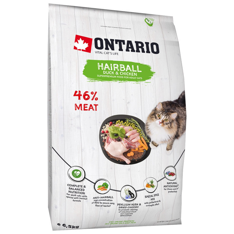Ontario Dry Cat Food Hairball with Duck and Chicken, 6,5 kg