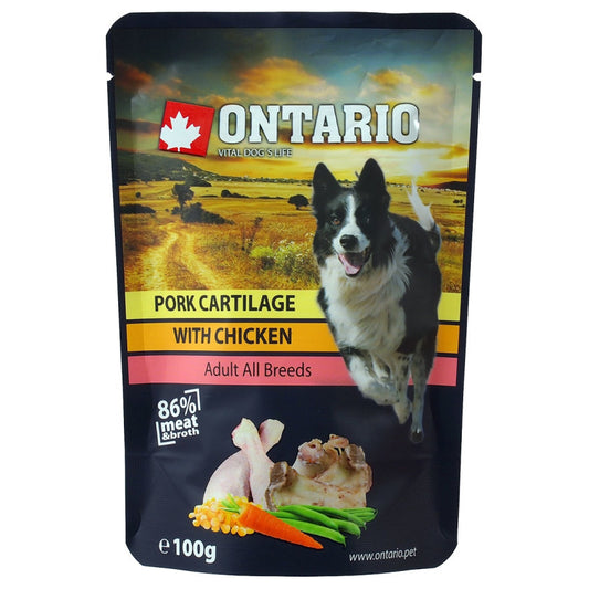 Ontario mitrā barība suņiem ar cūkgaļas skimšļiem, vistu buljonā, 100 g 
