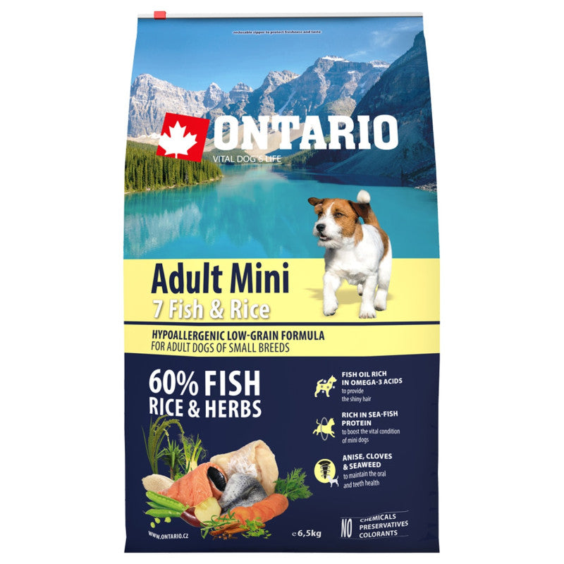 Ontario Dog Adult Mini Sausā Barība Suņiem ar Zivi un Rīsiem, 6,5 kg 