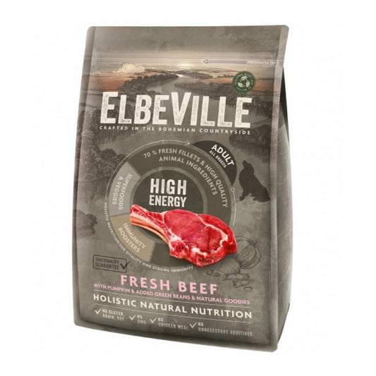 Elbeville sausā barība suņiem adult all breeds ar svaigu liellopu high energy 4 kg