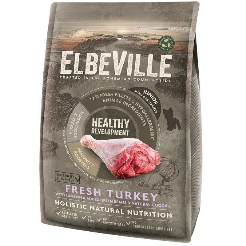 Elbeville sausā barība suņiem puppy and junior mini ar svaigu tītaru healthy development, 4 kg grain free