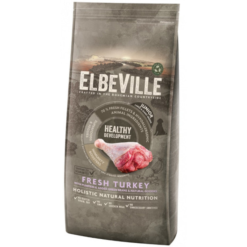 Elbeville Alimento seco para perros cachorros y jóvenes grandes con pavo fresco para un desarrollo saludable, 20 kg