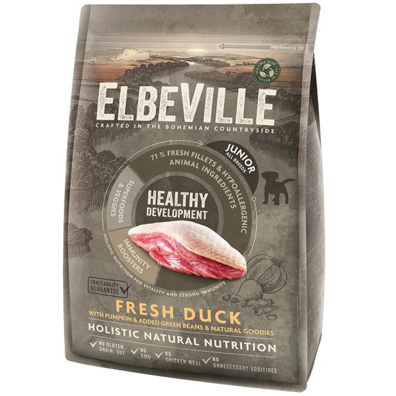 Elbeville Alimento Seco para Perros Cachorros y Junior Todas Las Razas con Pato Fresco Desarrollo Saludable, 4 kg
