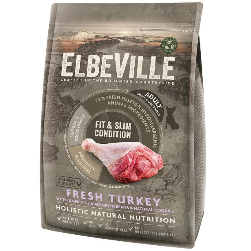 Elbeville Dry Dog Food Adult Mini with Fresh Turkey Fit and Slim Condition, 4 kg
