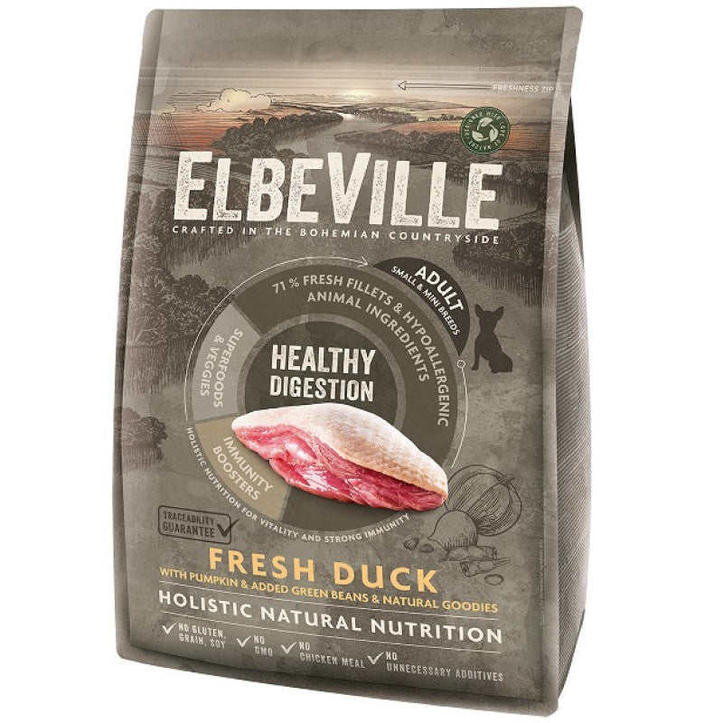 Elbeville Alimento seco para perros Adult Mini con pato fresco, digestión saludable, 4 kg