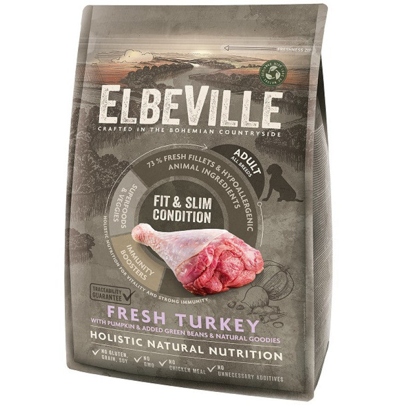 Elbeville Alimento seco para perros adultos de todas las razas con pavo fresco, en forma y esbelto, 4 kg