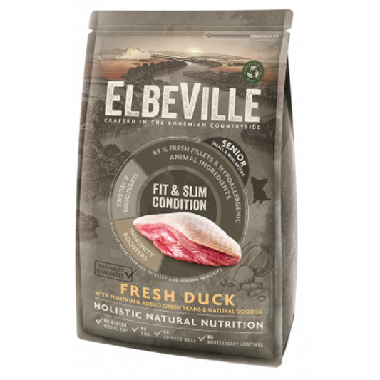 Elbeville Alimento seco para perros Senior todas las razas con pato fresco en forma y esbelto, 4 kg