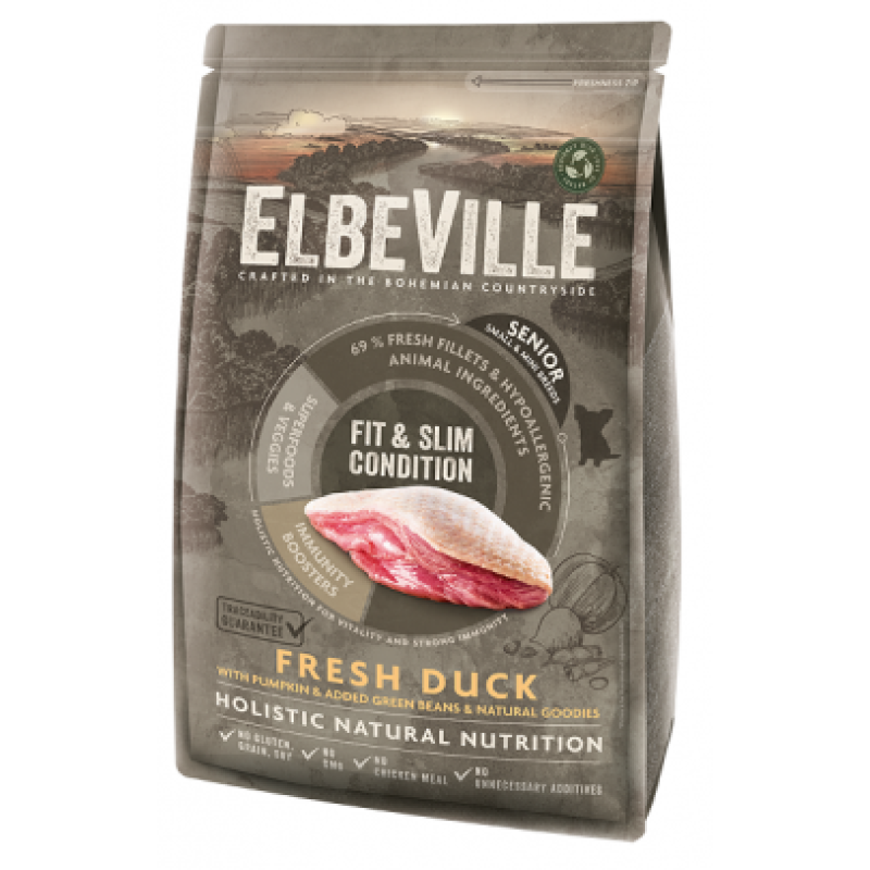 Elbeville Alimento seco para perros Senior todas las razas con pato fresco en forma y esbelto, 4 kg