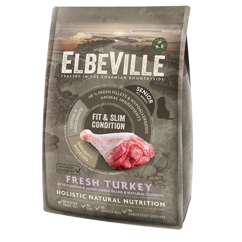 Elbeville Alimento seco para perros Senior todas las razas con pavo fresco, en forma y esbelto, 4 kg