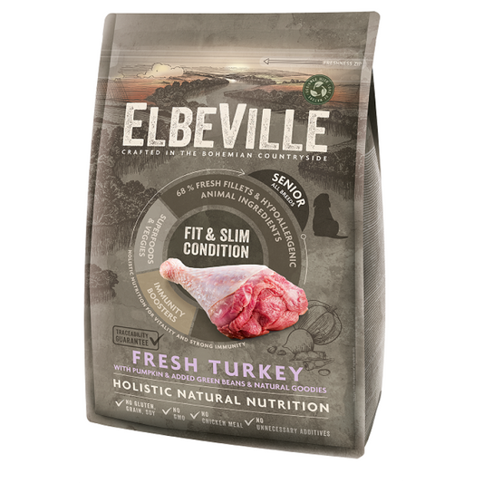 Elbeville Alimento seco para perros Senior todas las razas con pavo fresco, en forma y esbelto, 4 kg