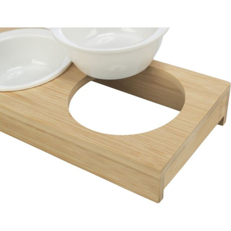 Trixie Skålset, keramik/bambu, 2×0,25 l/ø 12 cm/30×5×14 cm, vit/ecru