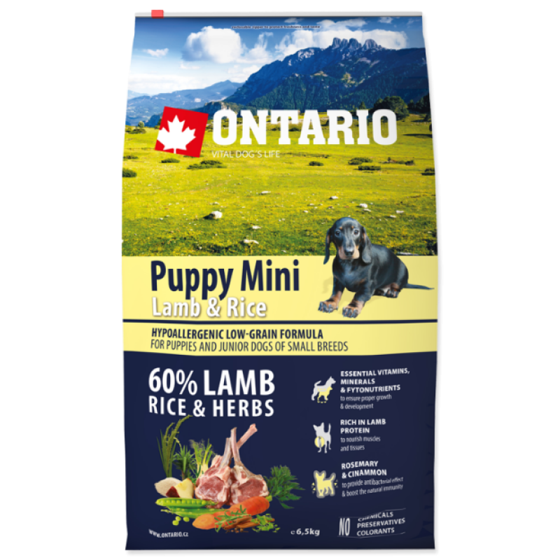 Ontario Dog Puppy Mini Dry Dog Food for puppies with Lamb and Rice, 6.5 kg