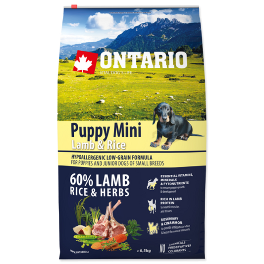 Sausā barība kucēniem - Ontario Dog Puppy Mini ar Jēru un Rīsiem, 6,5 kg