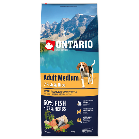 Ontario Dog Adult Medium Dry Dog Food with Fish and Rice, 12 kg