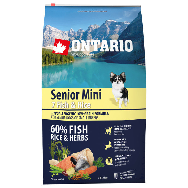 Ontario Dog Senior Mini Sausā Barība Suņiem ar Zivi un Rīsiem, 6,5 kg