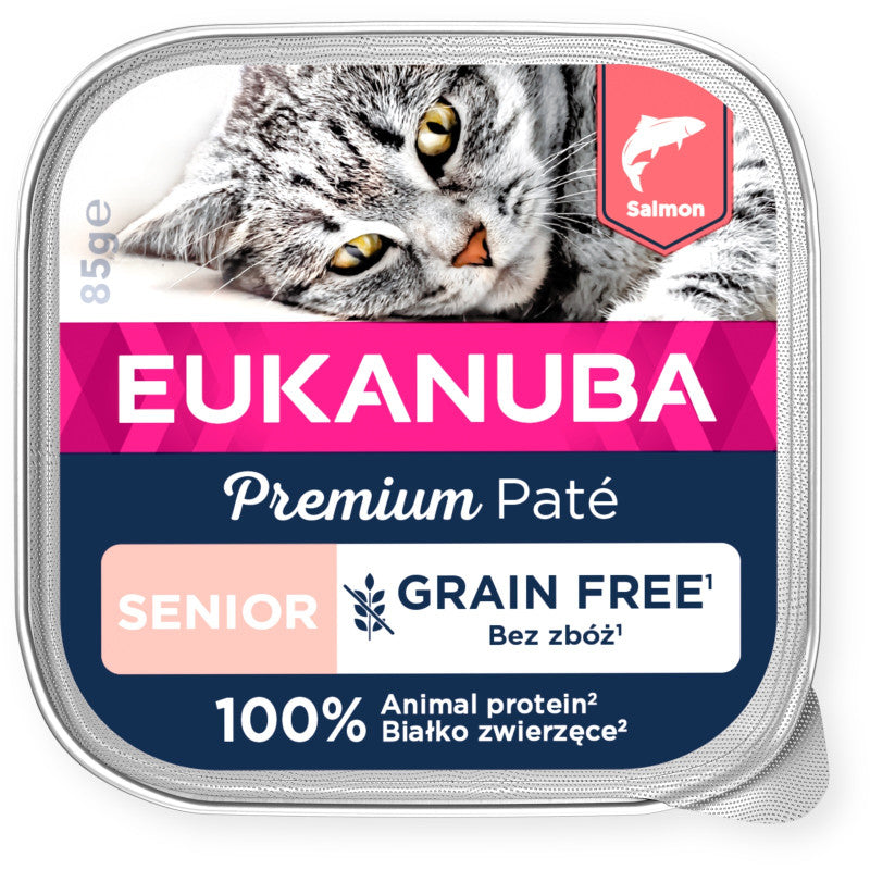 Eukanuba mitrā barība senioru kaķiem ar lasi, pastēte, 85 g