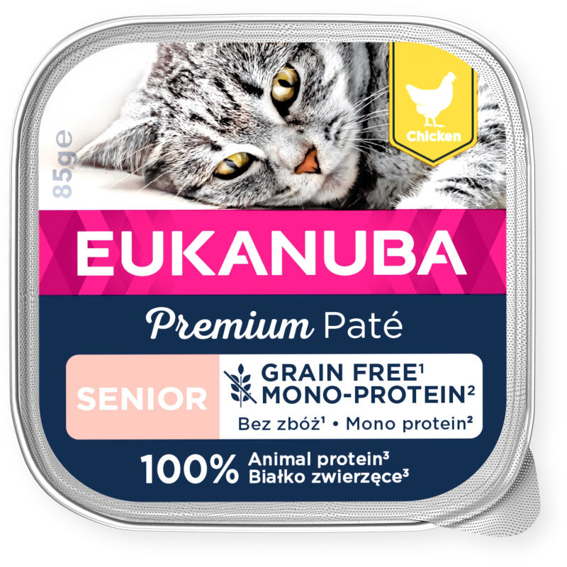 Eukanuba mitrā barība senioru kaķiem ar vistu, pastēte mono-protein, 85 g