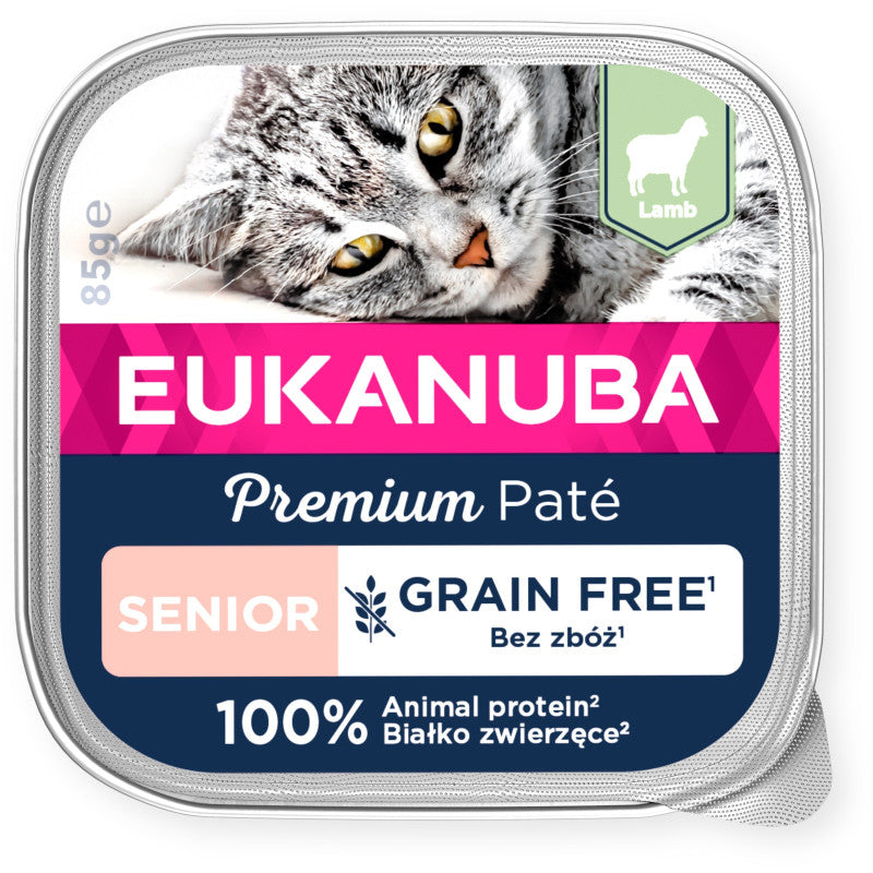 Eukanuba mitrā barība senioru kaķiem ar jēru, pastēte, 85 g
