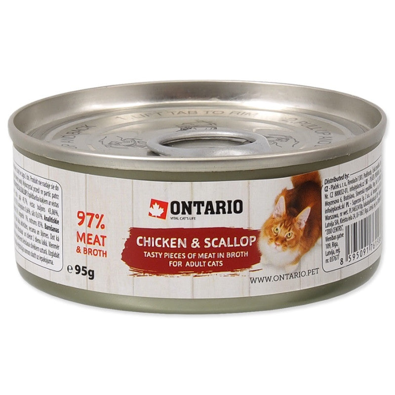 Ontario mitrā barība kaķiem ar vistas gabaliņiem un ķemmīšgliemeņiem, 95 g