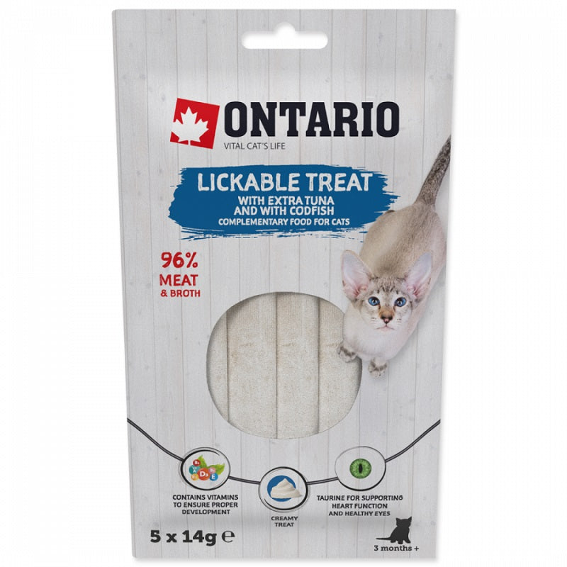 Ontario krēmveida kārumi kaķiem ar tunci un mencu, 5 x 14 g