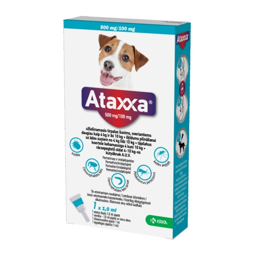 KRKA Ataxxa pilieni suņiem no 4-10kg pret ērcēm, blusām un odiem suņiem, 1 pipete