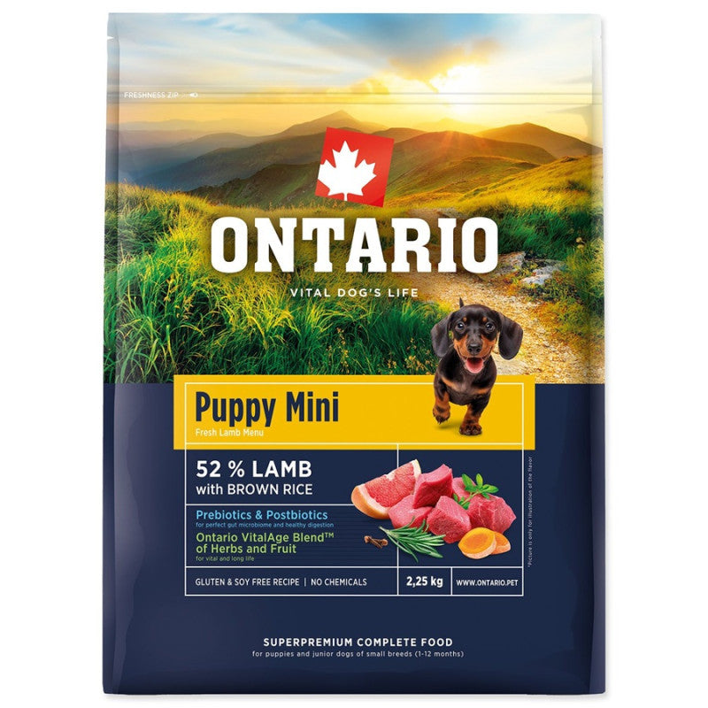 Sausā barība kucēniem - Ontario Dog Puppy Mini ar jēru un rīsiem, 2.25kg