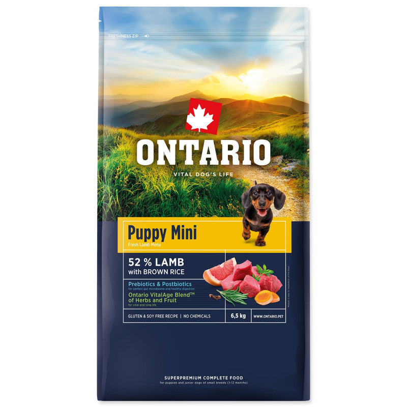 Ontario Dog Puppy Mini Dry Dog Food for puppies with Lamb and Rice, 6.5 kg