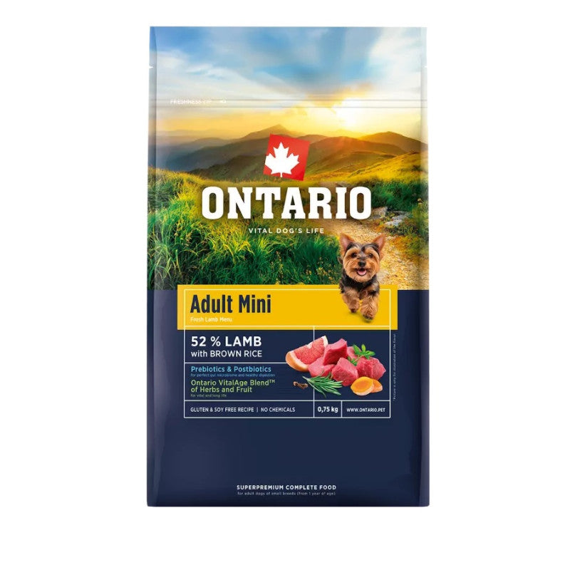 Ontario Dog Adult Mini Dry Dog Food with Lamb and Rice, 0.75kg