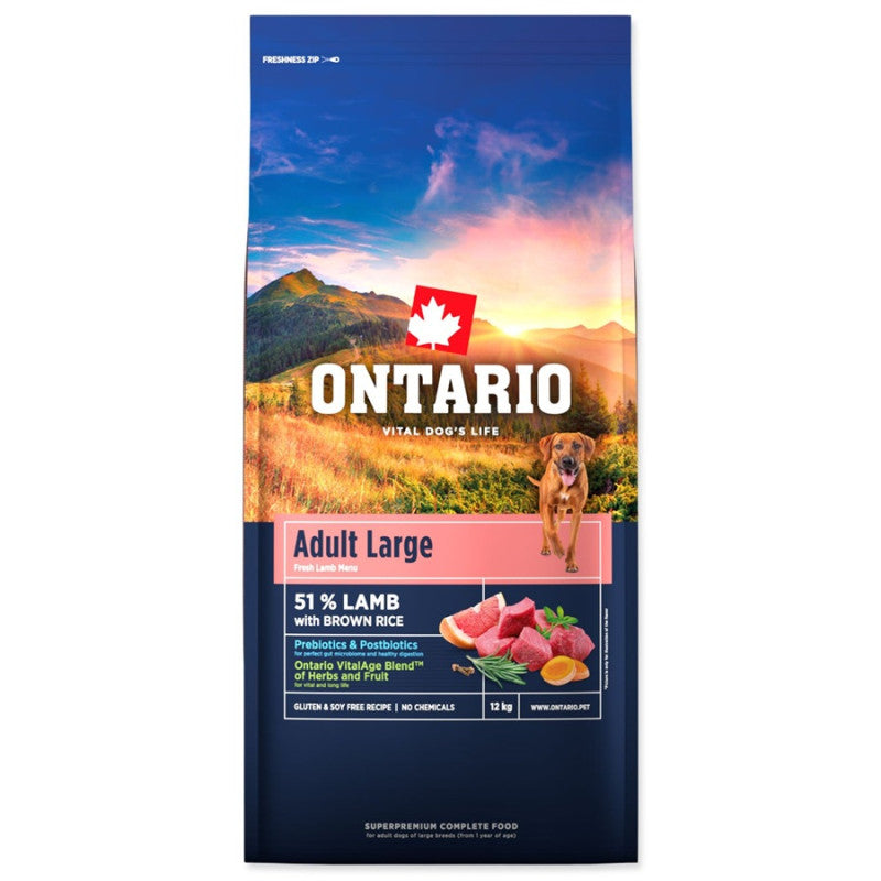 Ontario Dog Adult Large Sausā Barība Suņiem ar Jēru, Rīsiem un Tītaru, 12 kg