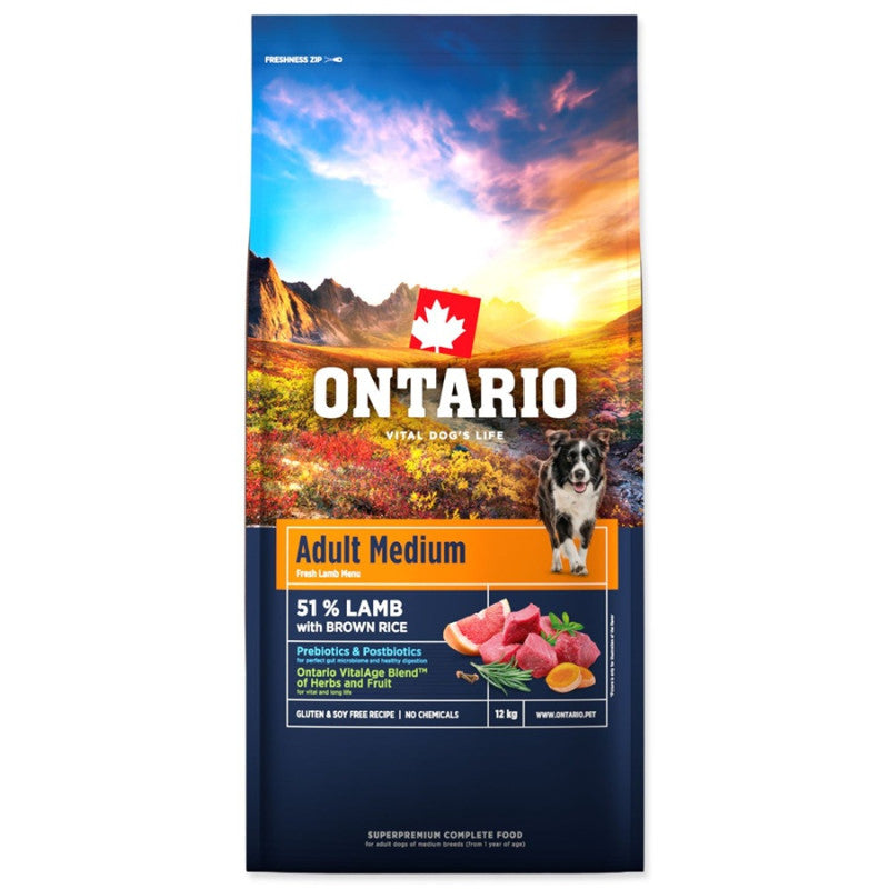 Ontario Dog Adult Medium Dry Dog Food with Lamb and Rice, 12 kg