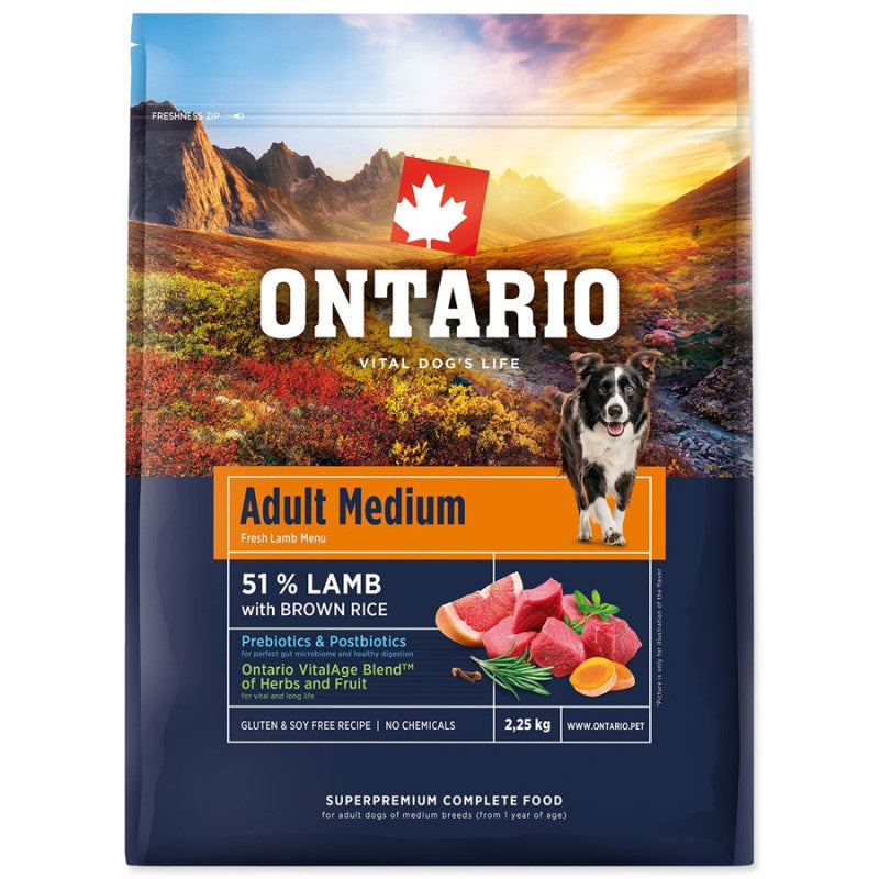 Ontario Dog Adult Medium Dry Dog Food with Lamb and Rice, 2,25 kg