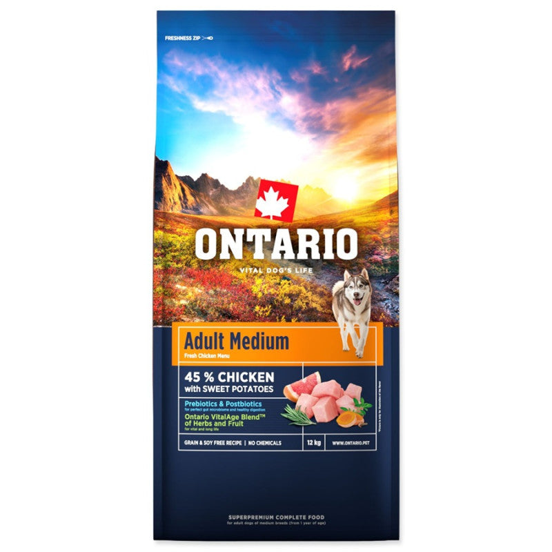 Ontario Dog Adult Medium Dry Dog Food with Chicken and Potatoes, 12 kg
