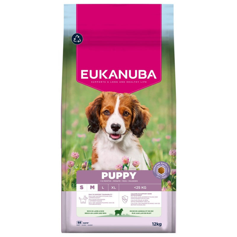 Eukanuba Trockenfutter für Hunde Puppy & Junior, Small & Medium, mit Lamm & Reis, 12 kg
