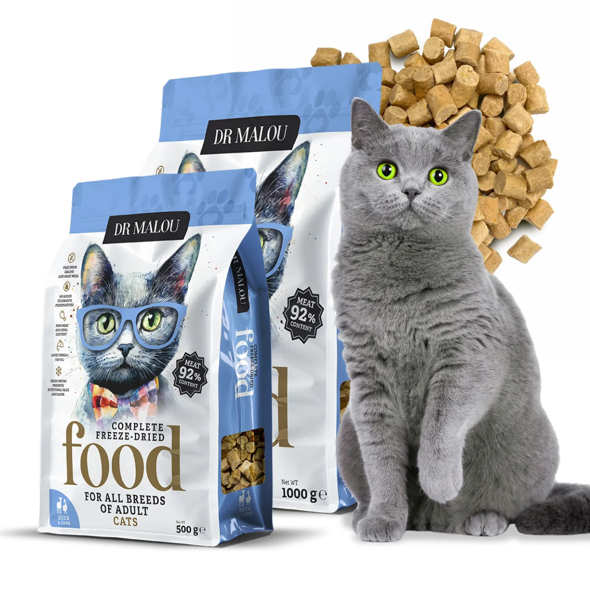 Dr Malou Freeze-Dried Cat Food with Duck & Lamb for Adult Cats, 500 g