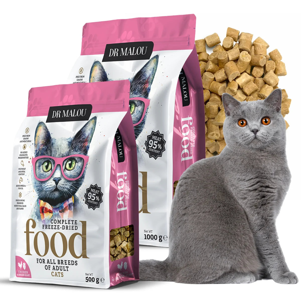 Dr Malou Freeze-Dried Cat Food with Chicken & Chicken Hearts for Adult Cats, 500 g