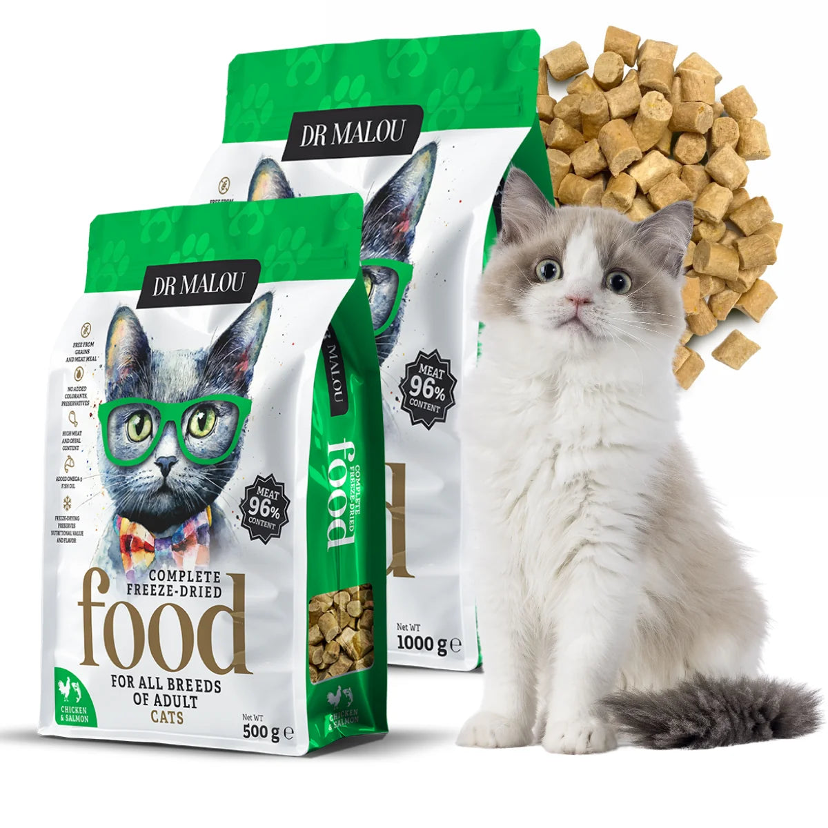 Dr Malou Freeze-Dried Cat Food with Chicken & Salmon for Adult Cats, 500 g