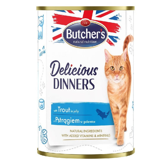 Butchers mitrā barība kaķiem delicious dinners ar foreles gabaliņiem želejā, 400 g