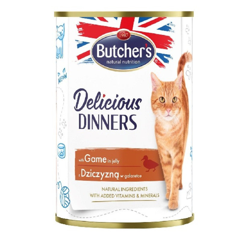 Butchers mitrā barība kaķiem delicious dinners ar medījuma gabaliņiem želejā, 400 g